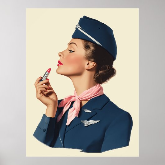 Poster Vintage Flight Attendant Applying Lipstick (Devant)