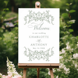 Poster Vintage Floral Frame Sage Vert Mariage Bienvenue