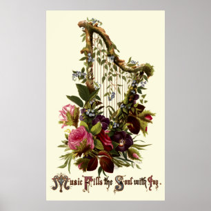 Poster Vintage Floral Harp Music