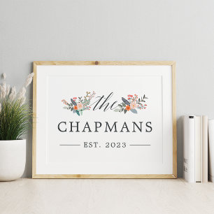 Poster Vintage Floral Personalized Family Name Print