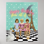 Poster Vintage Funky Group Voeux d'anniversaire<br><div class="desc">Une vignette artistique amusante et amusante présente un trio d'écolières vintage teinté photo découpé,  un canard avec couronne,  la Tour Eiffel,  un croissant de lune et "Joyeux anniversaire de nous tous" en néon rose et jaune</div>