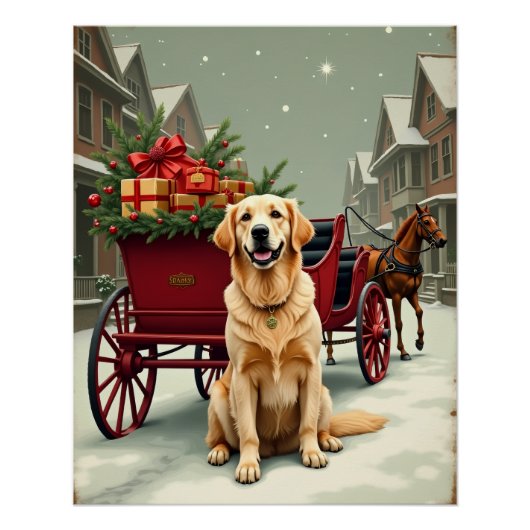Poster Vintage Golden Retriever Christmas Carriage Illust (Devant)