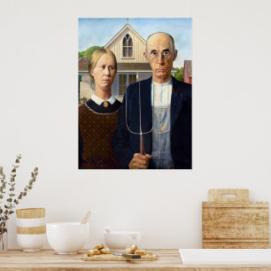 Poster Vintage Grant Wood American Gothic Fermier Beaux-A