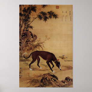 Poster Vintage Greyhound Noir & Fleurs Roses