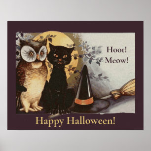 Poster Vintage Halloween Black Cat & Owl Witch Hat Moon