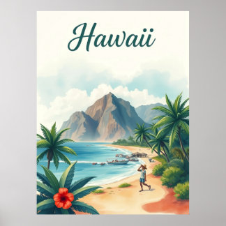 Poster Vintage Hawaii Travel Illustration