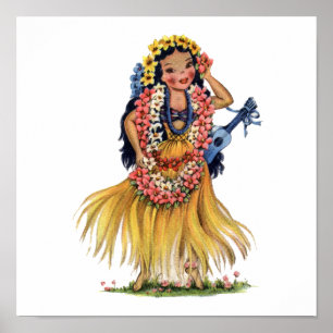 Poster Vintage Hawaiienne en tenue vestimentaire à Hula