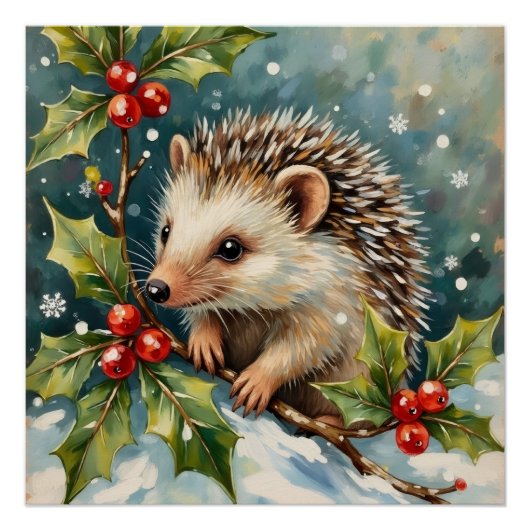 Poster Vintage Hedgehog Among Holly Christmas (Devant)