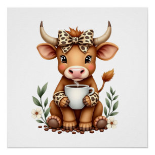 Poster Vintage Highland Cow amateur de café Aquarelle Mig