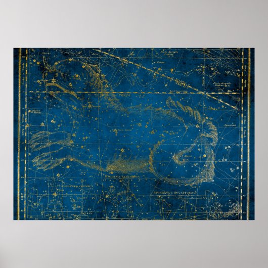 Poster Vintage Illustrated Mid Blue & Gold Star Map (Devant)