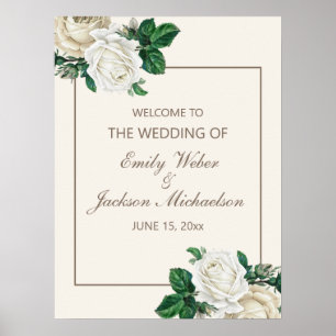 Poster Vintage Ivory White Cream Floral Mariage Bienvenue