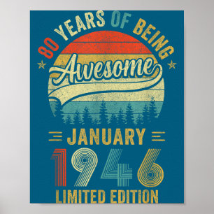 Poster Vintage janvier 1946 Ancien 80e anniversaire Homme