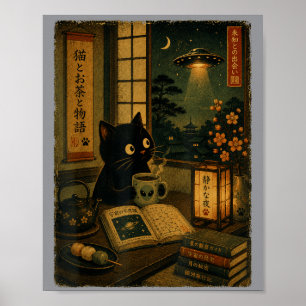 Poster Vintage Japonais Chat Amoureux de Livre Ufo Alien
