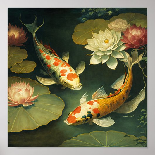 Poster vintage japonais Koi Fish Pond Art (Devant)