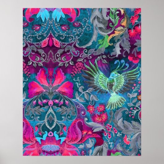 Poster Vintage jardin fleuri bleu oiseau lux motif (Devant)