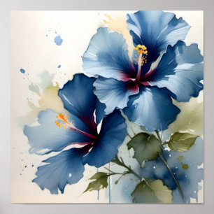 Poster Vintage joli bleu hibiscus aquarelle peinture
