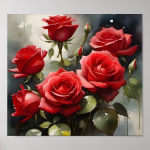 Poster Vintage joli rouge Roses aquarelle peinture