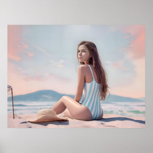 Poster Vintage Jolie Femme Assis Sur Le Sable De Plage