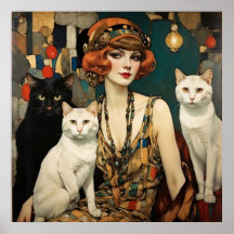Vintage Jolie Femme Avec Chats Noirs & Blancs