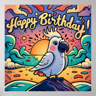 Poster Vintage Joyeux Anniversaire Perroquet coloré