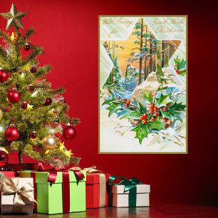 Poster Vintage Joyeux Noël Holly Berries Snow Festive
