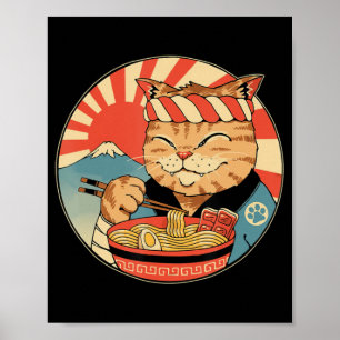 Poster Vintage Kawaii Ramen Cat Neko Anime Japanese Noodl