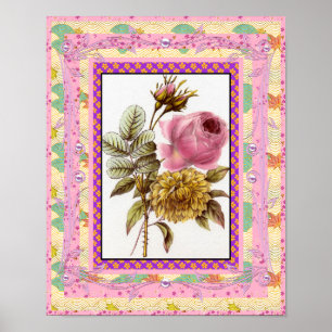 Poster Vintage Kunst Bloemen Roze Met Frame