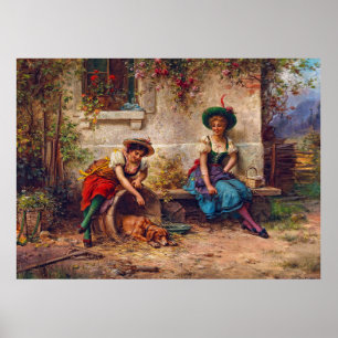 Poster Vintage Ladies In Red Blue And Brown Dog