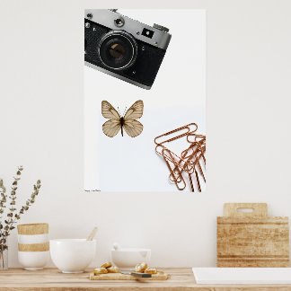 Poster Vintage Lens & Golden Flight: Minimalist Collage