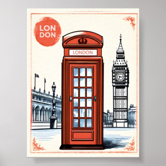 Poster Vintage London City Retro British Phone Booth (Devant)