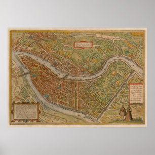 Poster Vintage Lyon France Map (1572)