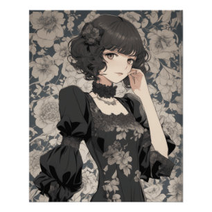 Poster Vintage Manga Girl en LBD - Retro Elegance Anime