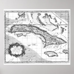 Poster Vintage Map of Cuba and Jamaica (1763) BW
