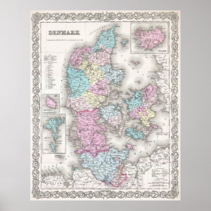 Poster Vintage Map of Denmark (1855)