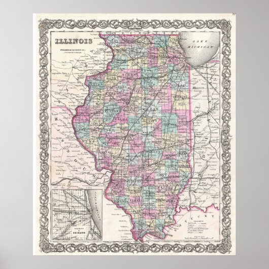 Poster Vintage Map of Illinois (Devant)