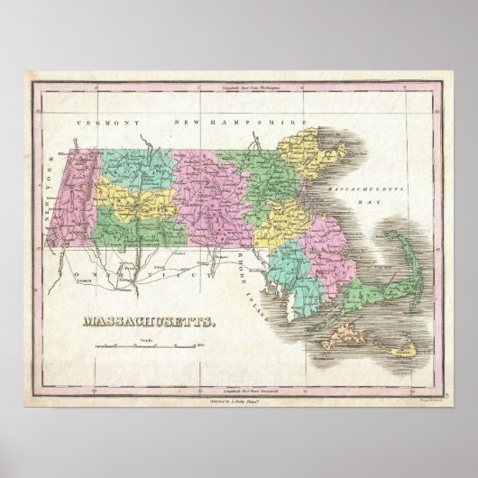 Poster Vintage Map of Massachusetts (Devant)