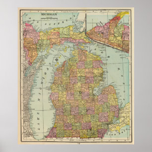 Poster Vintage Map of Michigan (1909)