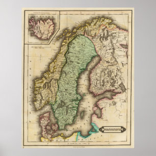 Poster Vintage Map of Norway and Sweden