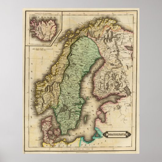 Poster Vintage Map of Norway and Sweden (Devant)