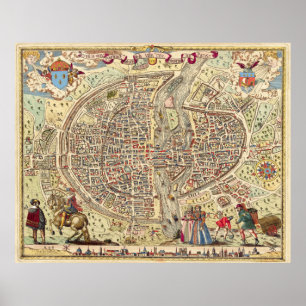 Poster Vintage Map of Paris France (1576)