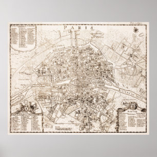 Poster Vintage Map of Paris France (1742)