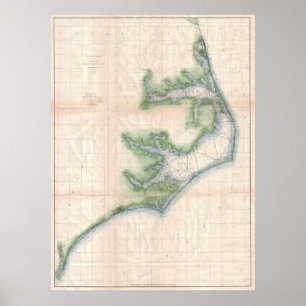 Poster Vintage Map of The Caroline du Nord Coast