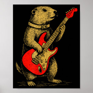 Poster Vintage Marmotte Jouant de la Guitare Musique Drôl