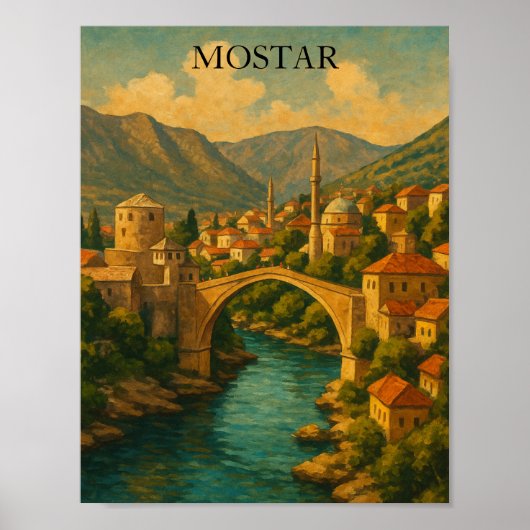 Poster Vintage Mostar Bridge Bosnie Voyage (Devant)