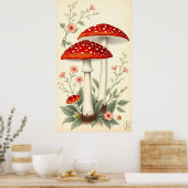 Poster Vintage Mouche Agarique Rouge Et Champignons Blanc (Cuisine)