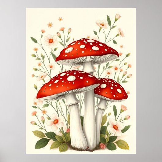 Poster Vintage Mouche Agarique Rouge Et Champignons Blanc (Devant)