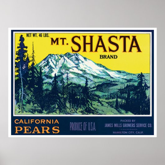 Poster Vintage Mt Shasta California Pears Étiquette (Devant)