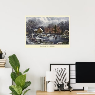 Poster Vintage Noël, début d'hiver avec patineurs sur gla