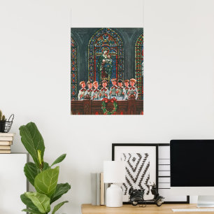 Poster Vintage Noël Enfants chantant Chorale dans l'églis