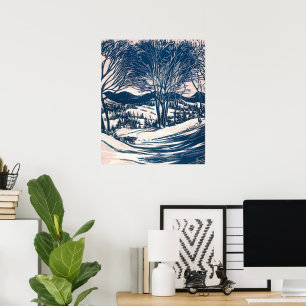 Poster Vintage Noël, Paysage de la montagne de neige d'hi